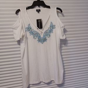 Curations Embroidered Cold Shoulder Top